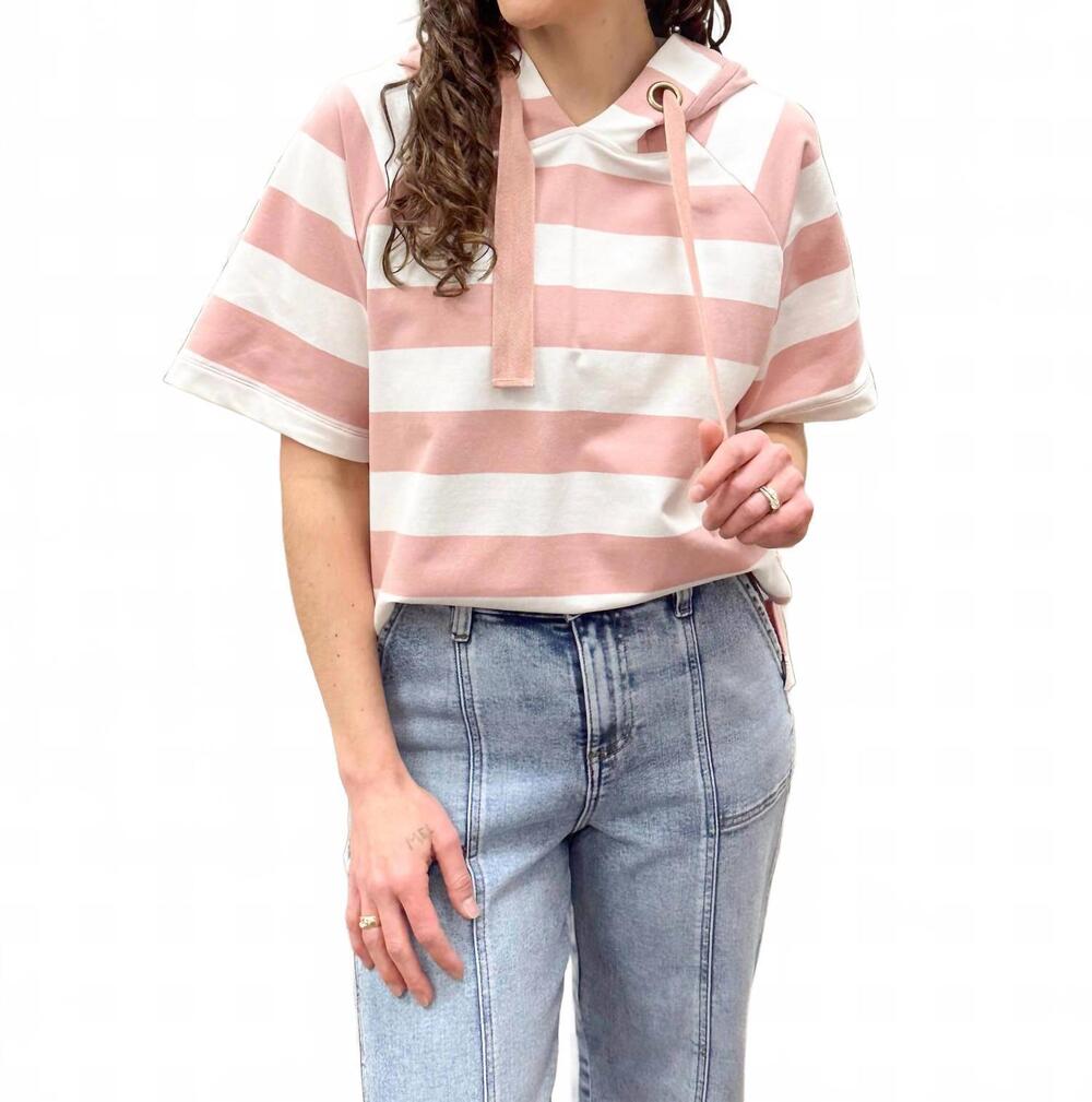 NEW DOE AND RAE striped short sleeve hooded pullover top in pink